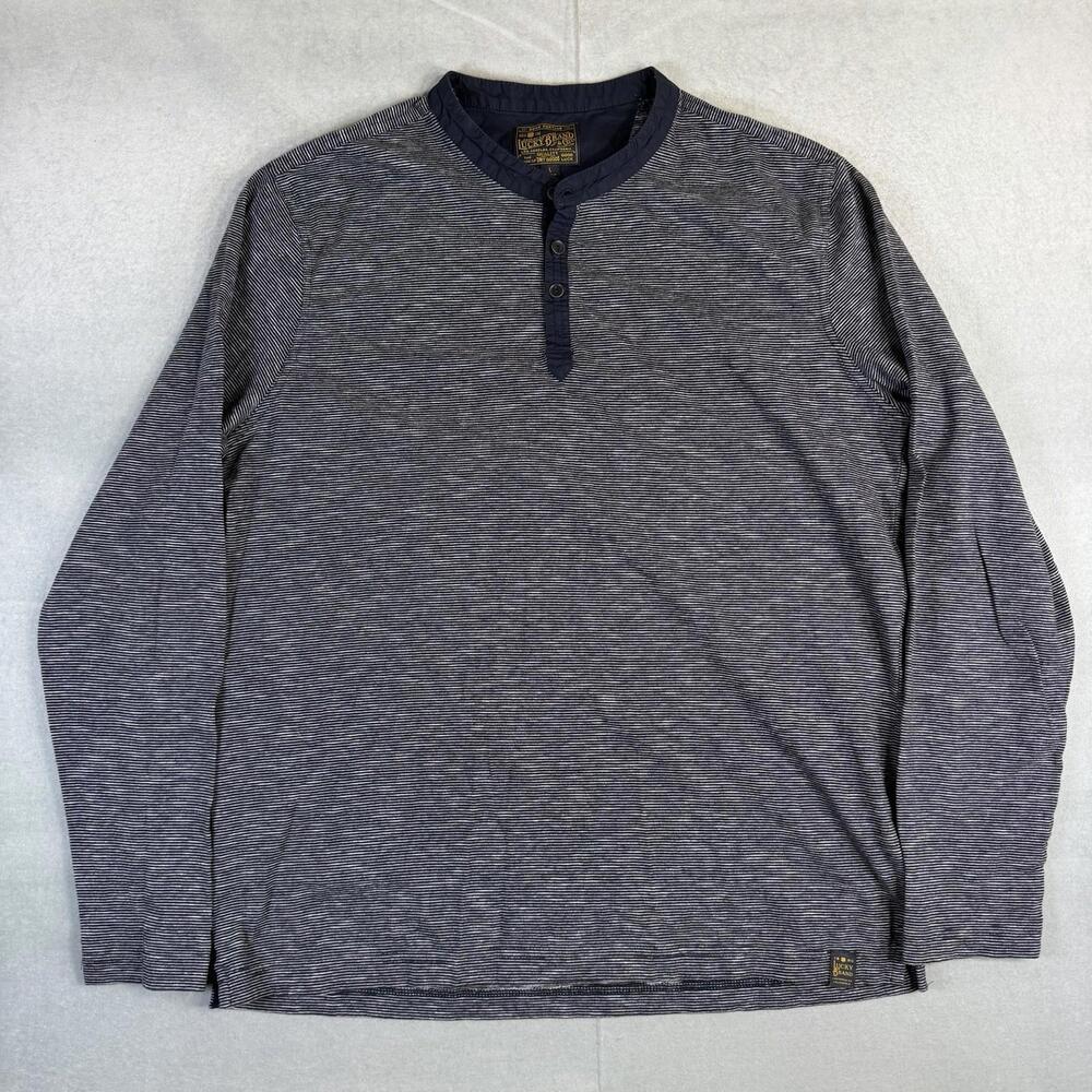 Lucky Brand Henley Shirt Mens Large Blue Striped Long Sleeve Button